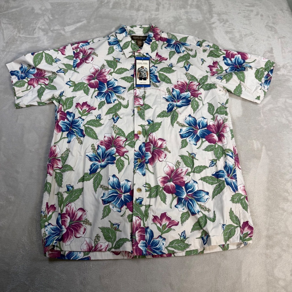 Cooke Street Hawaiian Shirt Floral Hibiscus Mens L Cream Cotton Aloha ButtonDown